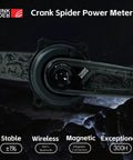 Close-up of a Dual Sided Cycling Power Meter For 110 BCD 4 Bolt Cranks, featuring magnetic connection and Bluetooth.