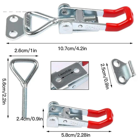 Six Piece Adjustable Toggle Clamp Latch Set For Tool Box Doors, detailed view of dimensions and components with red handles