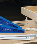 Drawer Slide Jig And Concealed Hinge Jig Kit For Cabinets And Desks, blue jigs with drawer components on table