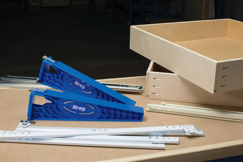 Drawer Slide Jig And Concealed Hinge Jig Kit For Cabinets And Desks, blue jigs with drawer components on table