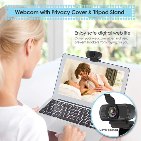1080P HD Webcam With Built In Microphone And Sturdy Tripod, Full Glass Lens Delivers Sharp Video, privacy cover opened.