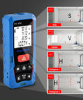Boss Laser Distance Meter Measures 60m For Fast Jobs Without Stress, showcasing display and measurement functions in a blue handheld device.