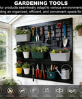 Two Pack PVC Garage Wall Organizer Panels 4 By 8 Ft Heavy Duty Storage System Holds 300 Lbs Per 4x1 Ft Section with gardening tools.
