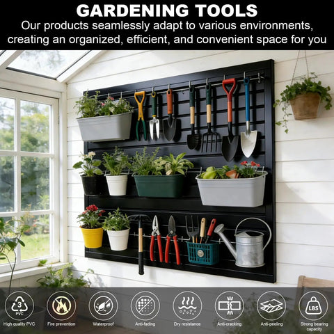 Two Pack PVC Garage Wall Organizer Panels 4 By 8 Ft Heavy Duty Storage System Holds 300 Lbs Per 4x1 Ft Section with gardening tools.