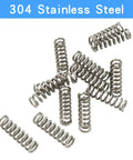 Mini stainless steel compression springs; 3 mm OD, 0.5 mm wire, 10 mm free length, silver; set of multiple.