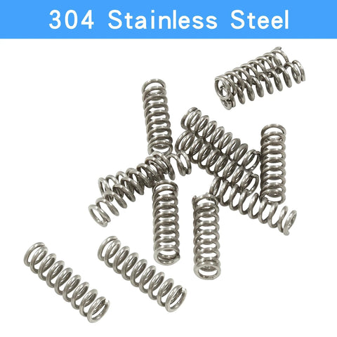 Mini stainless steel compression springs; 3 mm OD, 0.5 mm wire, 10 mm free length, silver; set of multiple.