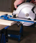 Side view of Two Track Clamps With Non Slip Grip For Track Saws, installed on T Slot Tracks, holding a saw on wood, Model KMA7520.