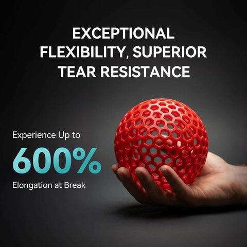 Hand holding a red 3D printed flexible ball, showcasing the Go-To Flexible 1.75mm TPU Filament For 3D Printing Dope Soft Yet Tough 95A Pro Grade.