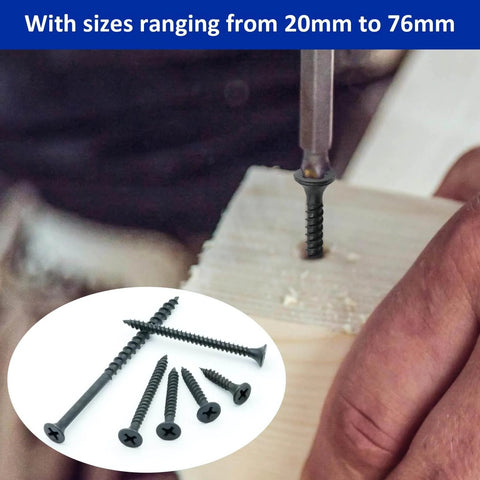 Person using Drywall Screws Assortment Kit With 166 Pieces, Six Sizes From 3/4 In To 3 In, Black Coarse Thread Phillips Drive Wood