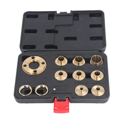 Top Tier Brass Router Template Guide Set With 11 Pcs Assortment for Woodworking Pros And Hobbyists Who Need Heavy Duty Bushing Fits For Perfectly Smooth Cuts Every Single Time. Brass router template guide set in case, 11-piece assorted sizes