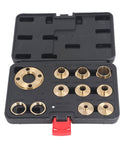 Professional Grade Brass Router Guide Kit 11 Piece Template Bushing Set in case, showing 11 brass bushings and tool.