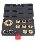 Heavy Duty Solid Brass Router Guide Bushing Set With Rock Solid Locking Nuts And Rugged Storage Carry Case For Serious Woodworking Templates And Flip Plates inside black carrying case with brass bushings organized.