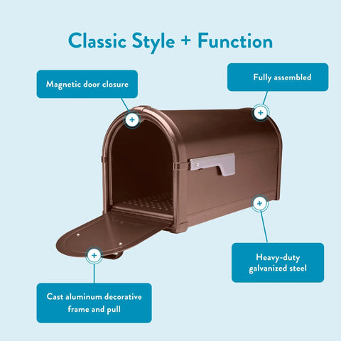 Hillsborough Heavy Duty Copper Post Mounted Mailbox For Outdoor Use With Rust Resistant Steel Construction, open door view