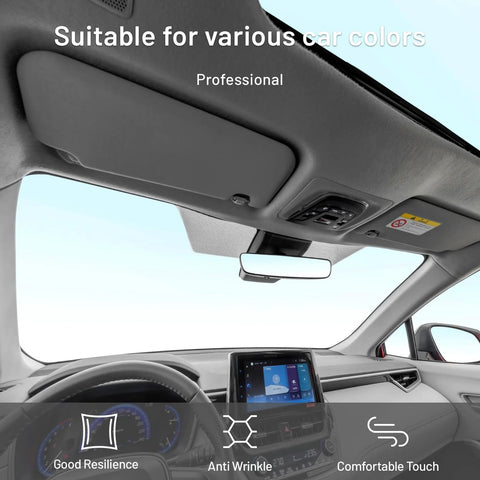 Hiksuky auto headliner fabric, gray velvet with foam backing, front interior view in car.