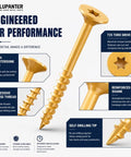 Close-up of deck screw features, highlighting the flush countersunk head and aggressive coarse thread for Multi Size Deck Screws Assortment Kit 490 Piece Set With Ten By Three Inch, Three And A Half Inch, Two Inch, Four Inch And Eight By One Inch, One And A Quarter Inch, One And A Half Inch, Two Inch Screws For Decking And Outdoor Wood Projects Pro Grade.