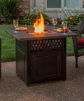 Outdoor setting with Donovan 38 Inch Square Propane Fire Pit With Infrared Patio Heater Outdoor Gas Fire Pit And Heater Combo Delivering 41,000 BTU Dope Heating Power, 30,000 BTU Main Burner Plus 11,000 BTU Lower Heater,  for weatherproof patio warmth on cold nights.