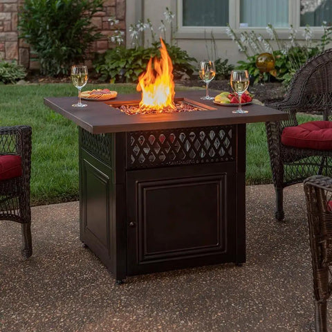 Outdoor setting with Donovan 38 Inch Square Propane Fire Pit With Infrared Patio Heater Outdoor Gas Fire Pit And Heater Combo Delivering 41,000 BTU Dope Heating Power, 30,000 BTU Main Burner Plus 11,000 BTU Lower Heater,  for weatherproof patio warmth on cold nights.