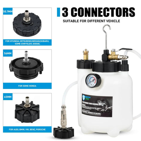 One Person Pneumatic Brake Bleeder Kit With 3L Fluid Reservoir And 1L Catch Bottle Includes 3 Master Cylinder Adapters