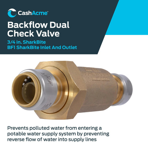 Cash Acme BF1 brass dual check valve with 3/4 in push-to-connect SharkBite ends.