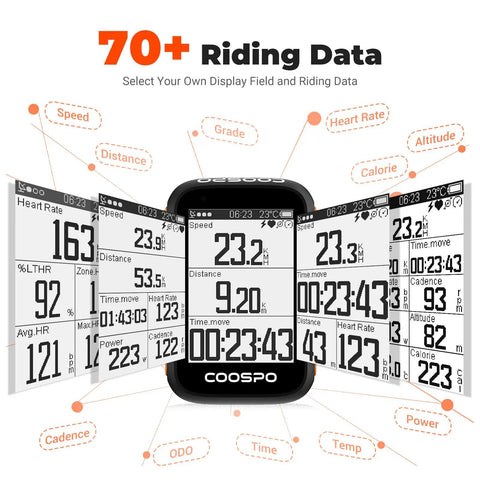 Display options for Wireless GPS Bike Computer With Auto Backlight And Cadence Speed Sensor BC200 Cycling Data Tracker Bluetooth 5.0.