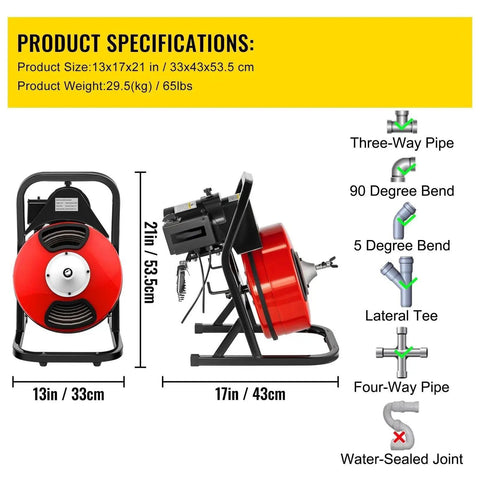 Heavy Duty Electric Drain Auger With Sharp Rotary Blades And Foot Switch For Smashing Backed Up Lines In One To Four Inch Pipes using specifications.