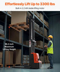 VEVOR Full Electric Pallet Stacker Forklift Hauling 3,300 Lbs With A Mighty 98.4 Inch Lift Height For Warehouses, lifting pallets in warehouse.