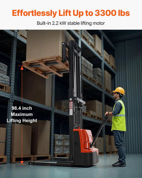 VEVOR Full Electric Pallet Stacker Forklift Hauling 3,300 Lbs With A Mighty 98.4 Inch Lift Height For Warehouses, lifting pallets in warehouse.