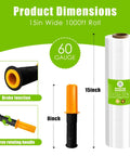 Industrial Strength Plastic Wrap Roll 1000 Ft 60 Gauge 15 Inch Wide Clear Stretch Film With Handles For Pallet Wrapping