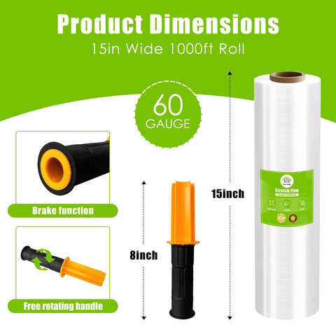 Industrial Strength Plastic Wrap Roll 1000 Ft 60 Gauge 15 Inch Wide Clear Stretch Film With Handles For Pallet Wrapping