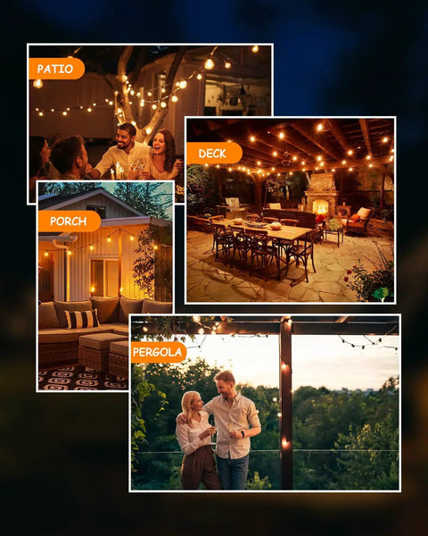 Outdoor String Lights 200 Ft Two Pack 100 Ft Each With 104 Shatterproof LED Bulbs Warm White 2700K on patio, deck, porch, and pergola