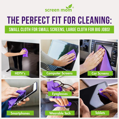 Streak Free Screen Cleaner Spray Kit With Microfiber Cloths used on TV, computer, car screens, smartphones, eyeglasses, tablets