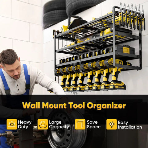 Large Power Tool Organizer Wall Mount Four Layer Beefy Heavy Duty Steel Rack With 400lbs Capacity Battery Storage And Eight Cordless Drill Holders For Garage Workshop.