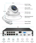 Diagram of 4K PoE Security Camera System with 2TB HDD, dome camera details and NVR ports visualized.