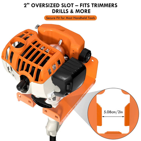 Heavy Duty Weed Eater And Hedge Trimmer Wall Mount Rack with 2 inch slot for garage storage, shown with trimmer installed