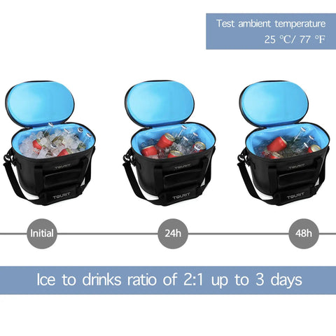 Heavy Duty Soft Sided Cooler Bag In Sleek Black With Thick Thermal Wrap To Keep Your Stash Bone Cold And Fully Leak Proof Carry All Fits Thirty Cans smooth with ice and drinks over 48 hours.