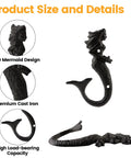 Hella Sturdy Mermaid Cast Iron Hooks, Rustic Black Wall Plant Hangers For Cozy Spaces with detailed 3D mermaid design.