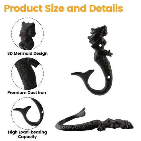 Hella Sturdy Mermaid Cast Iron Hooks, Rustic Black Wall Plant Hangers For Cozy Spaces with detailed 3D mermaid design.