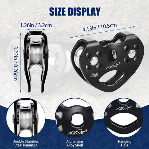 Front view of Beefy Heavy Duty Zip Line Pulley 8 To 13mm Climbing Pulley with Aluminum and Stainless Steel Bearings, 25KN capacity
