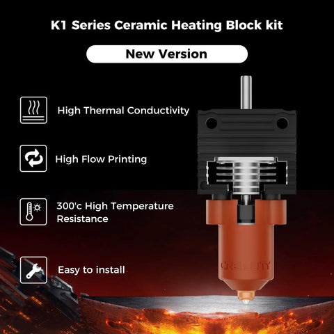 K1 Series Hotend Upgrade Ceramic Heating Block Kit With Buckle Terminal Unicorn Quick-Swap Nozzle Kit 3D Printer Hotend For K1C K1 K1 SE K1 Max High Speed 600mm Per Second New Version, shown with ceramic block and nozzle