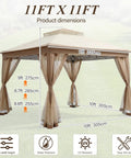 11x11 Pop Up Gazebo Instant Setup Outdoor Canopy Tent With Waterproof Fabric, shown with dimensions and mesh netting, khaki color