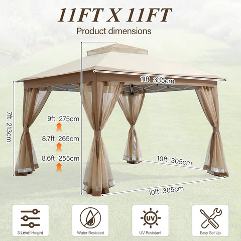 11x11 Pop Up Gazebo Instant Setup Outdoor Canopy Tent With Waterproof Fabric, shown with dimensions and mesh netting, khaki color