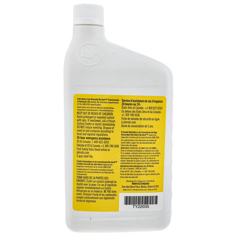 Back view of Hy-Gard Transmission And Hydraulic Oil 32 Oz TY22035 OEM Grade Fluid bottle with yellow label and text