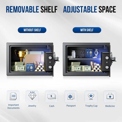 Home Biometric Safe 1.0 Cub With Fingerprint Access, 10-Digit Keypad, showing removable shelf and adjustable space for valuables.
