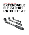 3-Piece Extendable Ratchet Set With Telescoping Handles And 180 Degree Pivoting Flex Heads Lock In Place Comfortable Grip Built For Auto Repair And DIY Projects All Day displayed with 1/4, 3/8, 1/2 inch sizes.