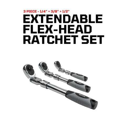 3-Piece Extendable Ratchet Set With Telescoping Handles And 180 Degree Pivoting Flex Heads Lock In Place Comfortable Grip Built For Auto Repair And DIY Projects All Day displayed with 1/4, 3/8, 1/2 inch sizes.