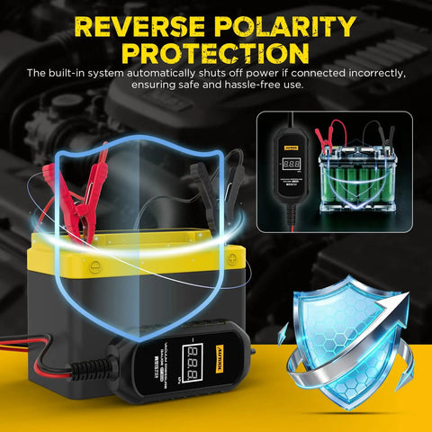 Digital Vacuum Pressure Gauge For Cars showing reverse polarity protection next to a car battery with digital display highlighting safety feature.