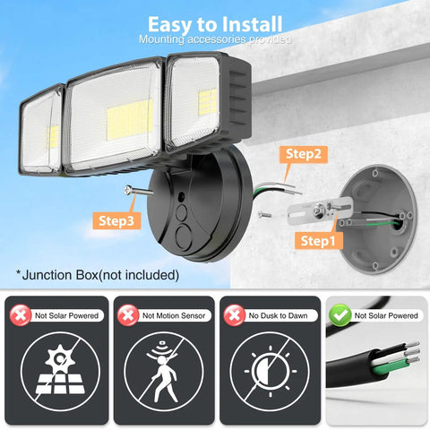 Heavy Duty 100W LED Flood Lights Outdoor Serving Nasty 11000 Lumens With Three Swiveling Heads Switch Activated IP65 Sealed Weatherproof Daylight Optics For Yard Garage Patio And Roof Eaves