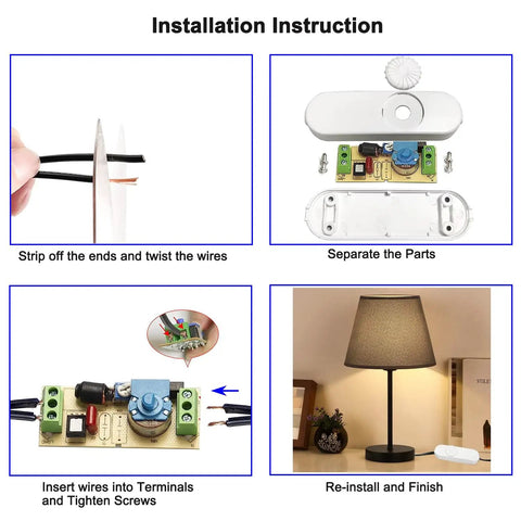 Installation guide for Full Range Inline Dimmer Switch For Dimmable LEDs And Incandescents, wiring and setup steps shown