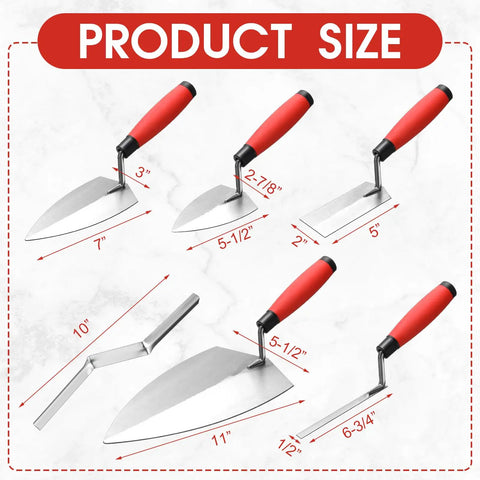 Built Tough Masonry Tool Set for Pros and DIYers, trowel dimensions, red soft grip handles, anti rust steel, concrete finishing kit