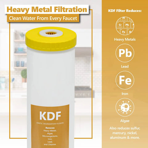 Image of Kinetic Degradation Fluxion Replacement Filter for whole house water system with yellow cap and filtration details.